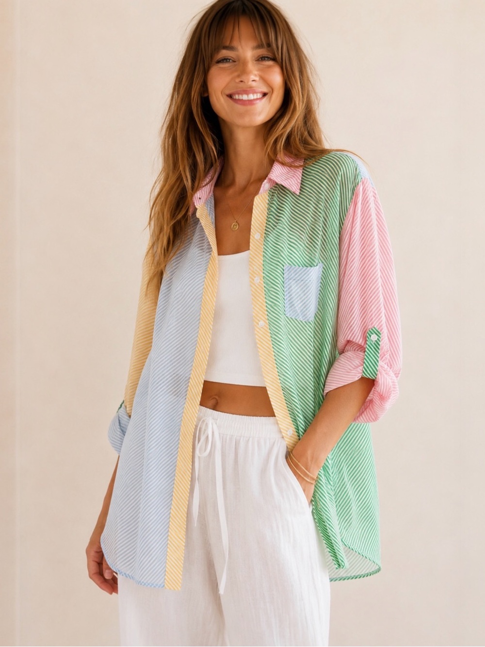 True Destination Colorblock Striped Cotton Tunic Shirt Medium